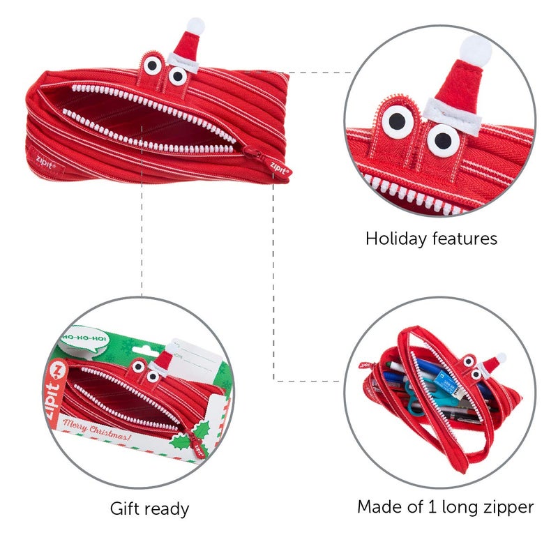 ZIPIT Christmas Monster Pencil Case for Kids, Holiday Themed Gift for Kids, Pencil Bag for Boys & Girls, Red - Image 3
